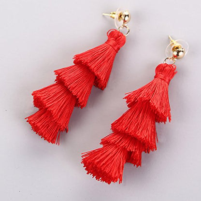 BaubleStar Bohemian Layered Tassel Drop Earrings for Women | Lightweight Statement Party Festival Jewelry - color: Red