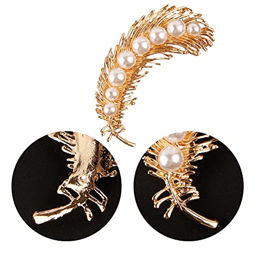 Pearl Diamond Brooch Pins for Dress Sweater Scarf, Wedding Party Decoration Birthday Christmas Gift - style: Feather (Gold)