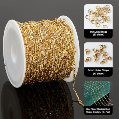 UMAOKANG 5 Meters Gold Plated Jewelry Making Chains on Spool Dainty Stainless Steel Stick Chain Bulk Thin Craft Chain Roll - color: Stick Gold