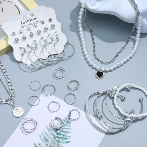NEWITIN 49 Pieces Gold Jewelry Set for Women Fashion Costume Jewelry Gold Plated Necklace Bracelet Ring Earrings Set for Women - color: Silver Jewelry Set
