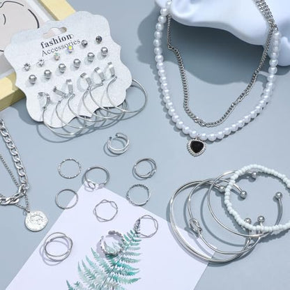 NEWITIN 49 Pieces Gold Jewelry Set for Women Fashion Costume Jewelry Gold Plated Necklace Bracelet Ring Earrings Set for Women - color: Silver Jewelry Set