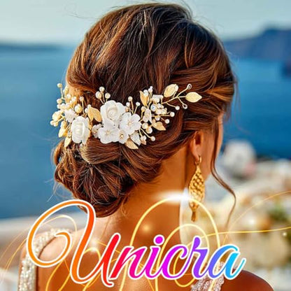 Flower Bride Wedding Hair Vine Pearl Bridal Hair Piece Leaf Hair Accessories Rhinestone Headband for Women (Gold) - color: Gold