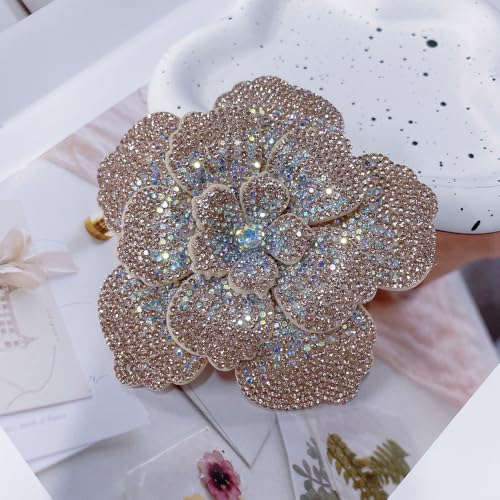 Rhinestone Flower Brooch Pin for Women Men Elegant Sparkly Crystal Camellia Floral Lapel Pins Shawl Dress Suit Clothes Accessories Wedding Party Fashion Jewelry 105mm - color: Champagne AB
