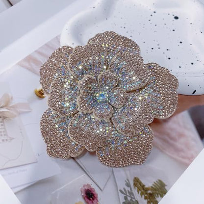 Rhinestone Flower Brooch Pin for Women Men Elegant Sparkly Crystal Camellia Floral Lapel Pins Shawl Dress Suit Clothes Accessories Wedding Party Fashion Jewelry 105mm - color: Champagne AB