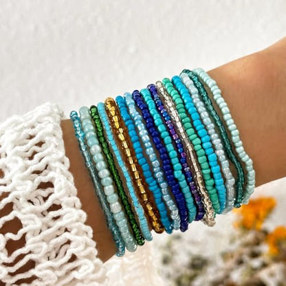 16-30Pcs Handmade Bohemian Colorful Crystal Seed Beads Stackable Adjustable Elastic Stretch Multilayerd Bracelets for Women Summer Vacation Beach Boho Bangle Jewelry - color: 16pcs