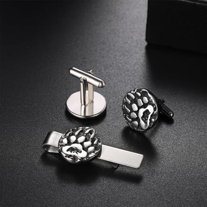 Mens Viking Cufflinks and Tie Clip: Norse Viking Tuxedo Shirt Cuff Links and Cool Tie Clip Shirt Accessories for Business Valentines Christmas Birthday - style: Bear Claw Cufflink and Tie Clip