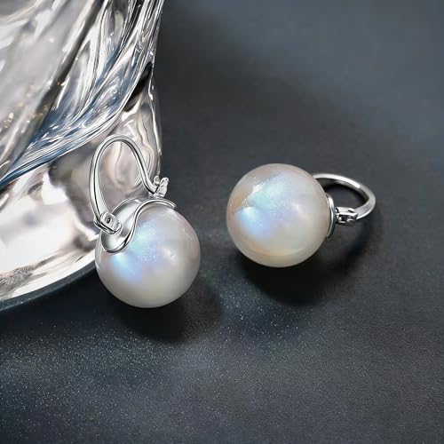 HUGE TOMATO 925 Sterling Silver Simulated Shell Pearl Earrings for Women Trendy, Big Pearl Drop Earrings Leverback Stud,18K Gold Plated Large Pearl Hoop Dangle Hypoallergenic Jewelry 14mm - color: Opal-12mm