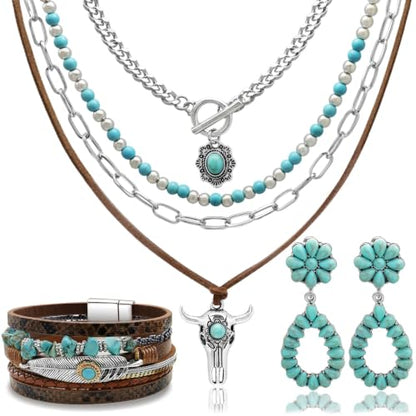 RechicGu Western Jewelry For Women Bohemian Turquoise Dangle Earrings Necklace Bracelet Set, Bullhead Pendant Layered Choker Boho Faux Leather Wristband Country Concert Cowgirl Accessories - color: Jewelry Set C