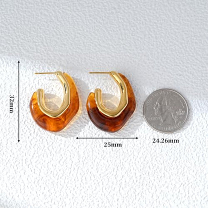 Enamel Hoop Earring for Women 18k Gold Plated Chunky Two-Tone U/C Shaped Earring Enamel Jewelry Gift for Wife Girlfriend - color: Brown 2