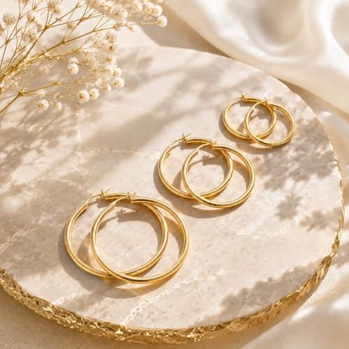 14K Gold Hoop Earrings for Women, Classic Minimalist Medium & Large Gold Hoops, Lightweight Round Hoop Earrings, Available in 35/45/55mm - size: 35MM