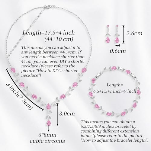 GZWHD Wedding Jewelry Sets for Bride Bridesmaid Women Cubic Zirconia Necklace Earrings Bracelet Set Gift for Mother Friend Wife Daughter Sister Party Prom Jewelry - color: Pink