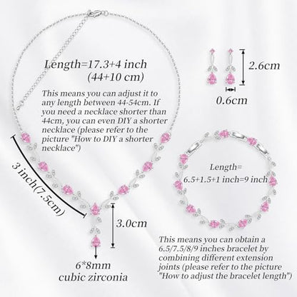 GZWHD Wedding Jewelry Sets for Bride Bridesmaid Women Cubic Zirconia Necklace Earrings Bracelet Set Gift for Mother Friend Wife Daughter Sister Party Prom Jewelry - color: Pink