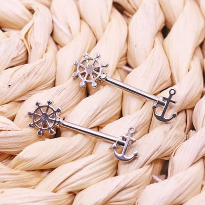 14G Wrench Barbell Nipple Ring 316L Anchor and Rudder Nipple Barbell Screw Nipple Rings Body Piercing Jewelry for Women Men - color: Silver-Anchor and Rudder