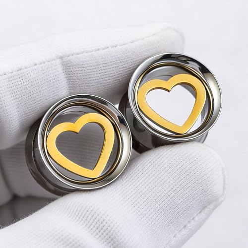 ARTFAN Ear Gauges Tunnels - 2PCS Stainless Steel Plugs for Stretched Ears, Cute Heart Ear Plugs Gauges for Women Men, Hypoallergenic Body Piercing Jewelry - size: 5/8inch (16mm)