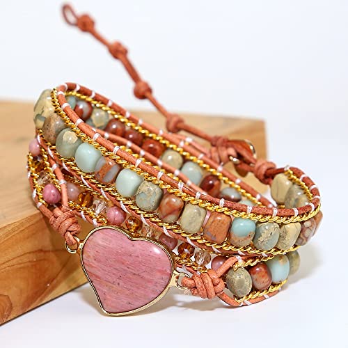 Women Wrap Bracelet Boho Natural Jasper Crystal Stone Beads Strand Bracelets - color: Style 13-Rhodochrosite