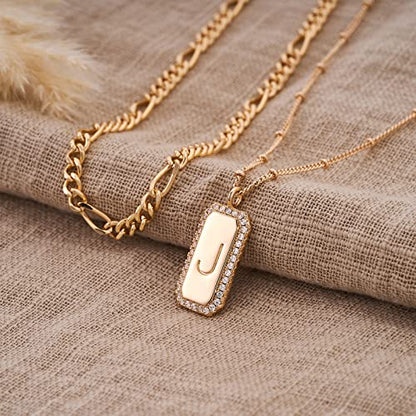 Gold Initial Necklace for Women 14K Gold Plated Figaro Chain Choker Layered Necklaces Set Bar Rectangle Pendant Necklaces Simple Dainty Letter Necklace Everyday Gold Jewelry - style: Letter J