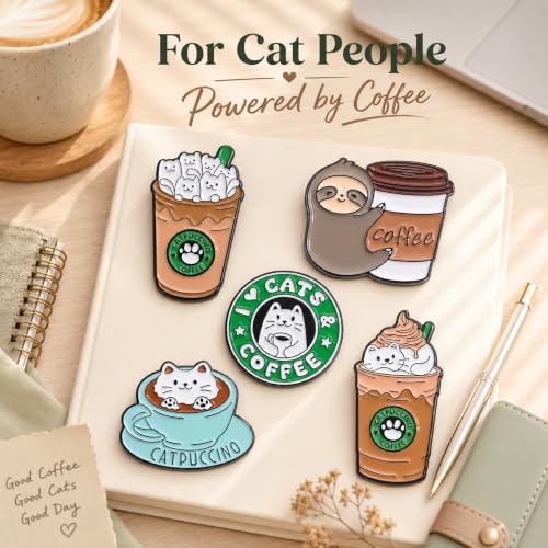 5Pcs Cute Coffee Cat Sloth Enamel Pin Set Cartoon Animal Coffee Cup Brooch Badges, Funny Lapel Pins for Backpacks, Jackets, Bags, Coffee Lover Gift - color: JH-068