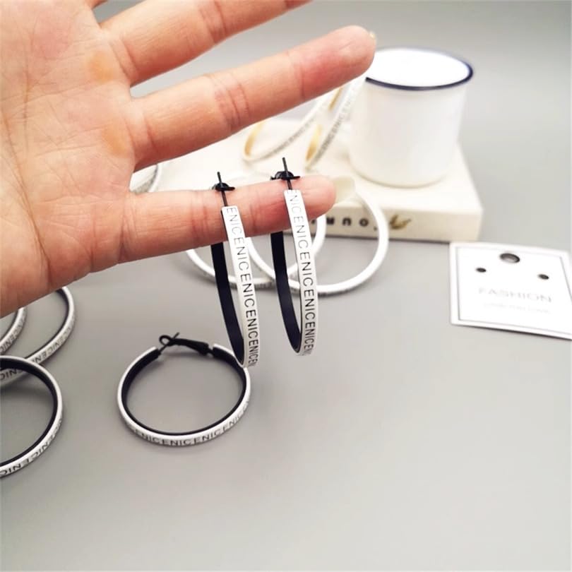 Hoop Earrings for Women Leather Hoop Earrings-Medium/Large Hoops-Lightweight hoop - color: White Letters