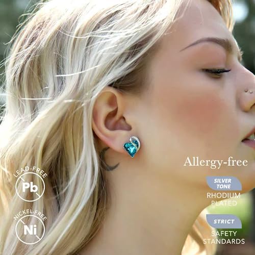 Infinity Love Heart Stud Earrings for Women, Birthstone and Healing Stone, Gifts for Mom, Wife, and Her, Silver Plated - color: 12b-December-Healing Stone for Relaxation-Indicolite Zircon Blue