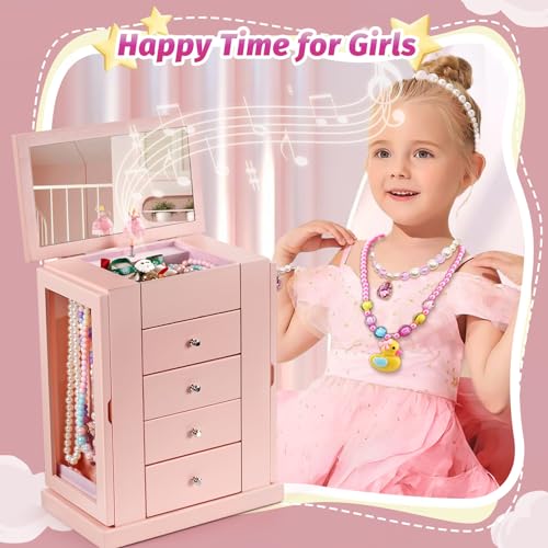Emfogo Jewelry Box for Girls, Musical Jewelry Box with Spinning Dancer Gifts for Little Girls Christmas New Year Birthday Children's Day, 5 Layer Large Wooden Kids Music Jewelry Organizer Box(Pink) - color: Pink
