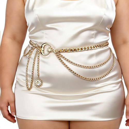 Gold Chain Belt - Fashion Waist Chain Belt with Moon, Butterfly Rhinestone & Layered Design - color: A1-Moon layered-gold