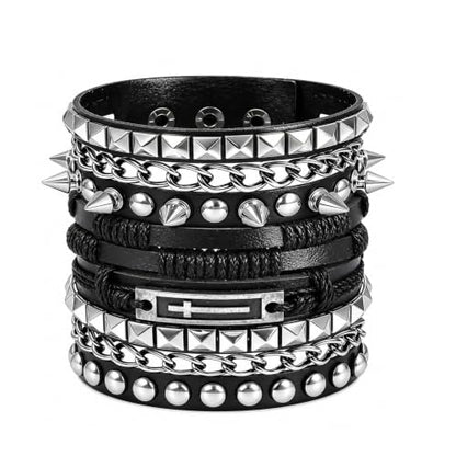 4 Pcs Edgy Punk Bracelets Set, Leather Vintage Punk Rock Spiked Studded Bangle Cuff Bracelets Alternative Wrist Bands for Women Men Biker Rockers Fashion Accessories