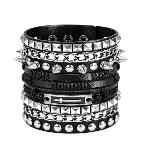 4 Pcs Edgy Punk Bracelets Set, Leather Vintage Punk Rock Spiked Studded Bangle Cuff Bracelets Alternative Wrist Bands for Women Men Biker Rockers Fashion Accessories
