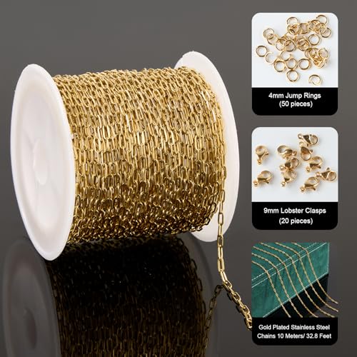 UMAOKANG 32.8 Feet Small Paperclip Chain for Jewelry Making Dainty Gold Plated Stainless Steel Chains Bulk on Spool - color: Paperclip Gold