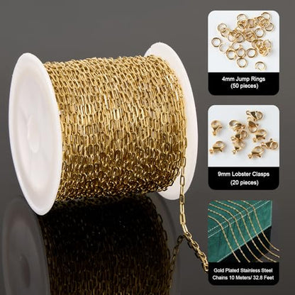 UMAOKANG 32.8 Feet Small Paperclip Chain for Jewelry Making Dainty Gold Plated Stainless Steel Chains Bulk on Spool - color: Paperclip Gold