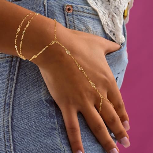 Hand Chain Bracelets for Women - 14K Real Gold Plated Dainty Stackable Paperclip Link Bracelets Hand Chain Bracelet Ring Gold Bracelets for Women Trendy - color: Layered CZ Hand Chain
