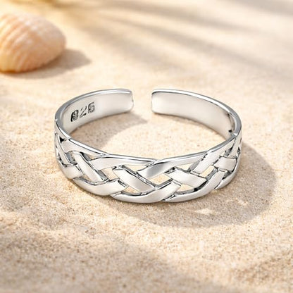 AeraVida .925 Sterling Silver Adjustable Toe Ring or Pinky Ring 5mm Wide Open Band, Stackable Minimalist Summer Foot Jewelry | Sun Moon Star Turtle Butterfly Leaf Olive Branch Ocean Wave Yin Yang Design - style: Celtic Knot