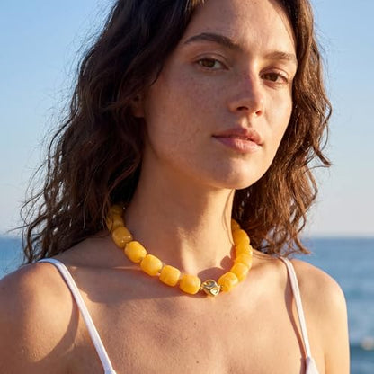 Beaded Necklaces for Women Boho Chunky Necklace Statement Big Resin Bead Choker Fashion Summer Beach Jewelry - color: Yellow
