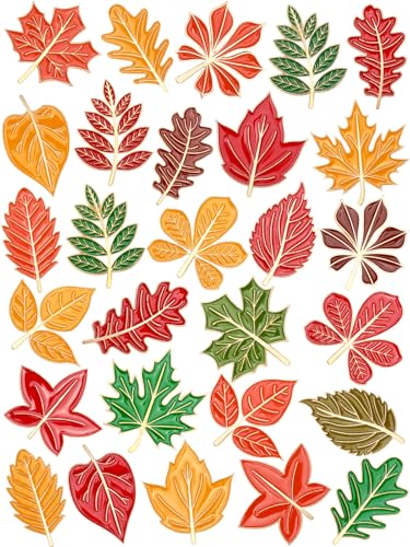 JUNEBRUSHS 28PCS Fall Leave Enamel Pins Cute Maple Leave Brooch Pins for Fall Thanksgiving Theme Birthday Party Classroom Favor Supplies Exchange Gift Clothes Hat Accessories - style: Fall Leave Style