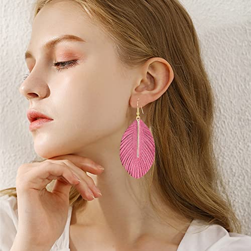 GBAHFY Feather Leather Layered Fringe Earrings for Women Boho Genuine Lightweight Leather Leaf Tassel Dangle Statement Earrings with Metal Bar - color: Light Red