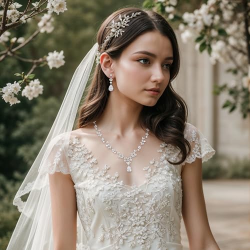 Gorgeous Wedding Jewelry Set for Women Bridal Cubic Zirconia Marquise Teardrop Leaf Cluster Y-Necklace Dangle Earrings Link Bracelet - color: 2PCS Clear