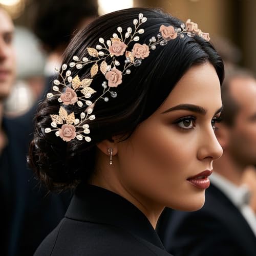 Wedding Hair Accessories Hair pieces Set Crystal bridal hair pins Rhinestone Pearl hair comb Brides and Bridesmaids, Girls, Women(（4PCS/SET PINK) - color: pink