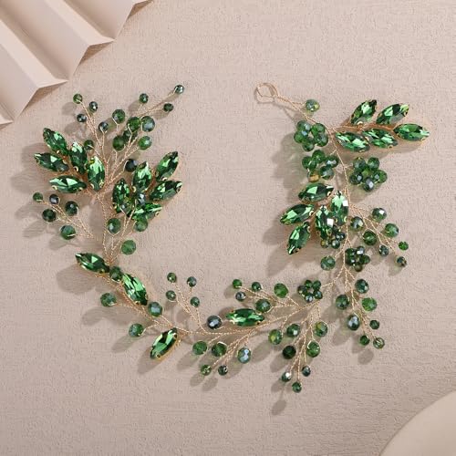 Teyglen Green Crystal Bride Flower Wedding Hair Vine Handmade Rhinestone Headband Bridal Hair Piece for Women Party Prom Headpiece Sparkly Rhinestone Hair Accessories (Green) - color: Green