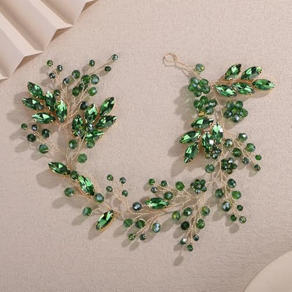 Teyglen Green Crystal Bride Flower Wedding Hair Vine Handmade Rhinestone Headband Bridal Hair Piece for Women Party Prom Headpiece Sparkly Rhinestone Hair Accessories (Green) - color: Green
