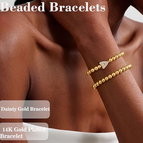 Initial Stack Bracelet Set for Women Trendy 14K Gold Plated Beaded Stackable Stacking Stretch Name Bracelets Dainty Friendship Waterproof Charm Cute Birthday Jewelry Gifts for Women - color: Initial A