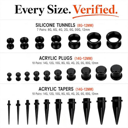 BodyJ4You 54PC Ear Stretching Kit 14G-12mm - Aftercare Jojoba Oil - Acrylic Plugs Gauge Tapers Silicone Tunnels - Lightweight Expanders Men Women - color: Black