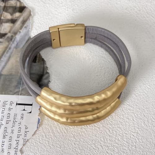 Bracelets for Women Leather Bracelet Multi-Layer Rope Wrap Bangle 14k Gold Plated Cirle Hollow Tube Boho Cuff Bangle Bracelets for Women Gift - style: Grey Leather Wrap