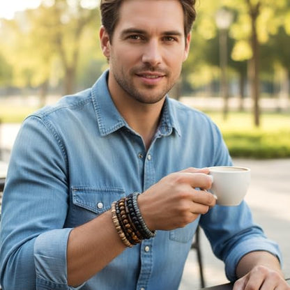 Wooden Mens Beaded Bracelets Adjustable Elasticity Mens Bracelet Multi-Layer Detachable Beaded Bracelets for Men - color: T-001
