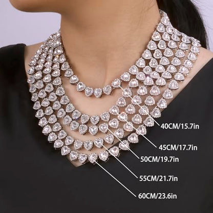 fasone Rhinestone Hearts Necklace, Iced Out Hearts Jewelry，Silver Tennis Necklace For Women，Tennis Necklaces For Women, Heart Tennis Necklace - color: White Set_15.7inch/8inch