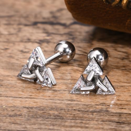 Unisex Geometric Triangle Stud Earrings, Stainless Steel Minimalist Cubic Zirconia Pierced Post Earrings for Men Women - style: Three Zircons-Sliver