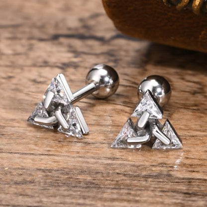 Unisex Geometric Triangle Stud Earrings, Stainless Steel Minimalist Cubic Zirconia Pierced Post Earrings for Men Women - style: Three Zircons-Sliver