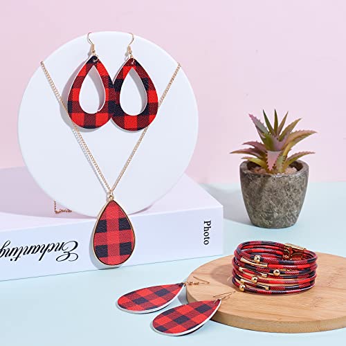 Ornaland 4 Pcs Leather Earrings Necklace Bracelet Set Print Earrings Faux Leather Necklace Multi-Layer Bracelet Jewelry Set Gifts for Women - color: A2