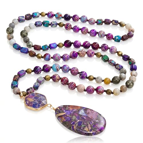 Gmai Boho Necklace for Women Long Beaded Pendant Necklace Natural Stone Teardrop pendant Jewelry Festival Vacation Gift Everyday Handmade Unique Statement Necklace - color: Purple