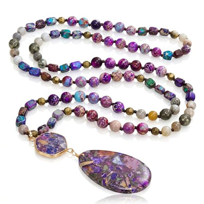 Gmai Boho Necklace for Women Long Beaded Pendant Necklace Natural Stone Teardrop pendant Jewelry Festival Vacation Gift Everyday Handmade Unique Statement Necklace - color: Purple