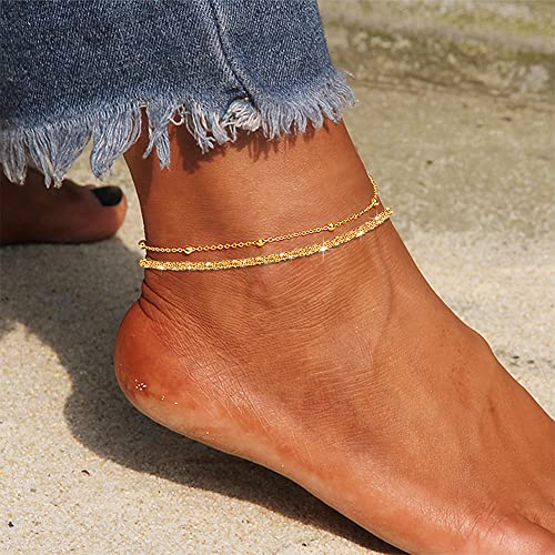 Sparkling Ankle Bracelets for Women Waterproof,18K Gold Plated Anklets for Women Large Ankles - color: B-2pcs Mix Beaded Chain-Gold