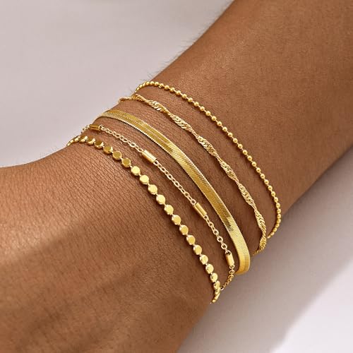Gold Bracelets for Women, 14K Gold Plated Stackable Bracelet Stack Set Adjustable Charm Small Square Chain Snake Link Layered Waterproof Jewelry Sets Gifts - color: Bracelets-1 Gold